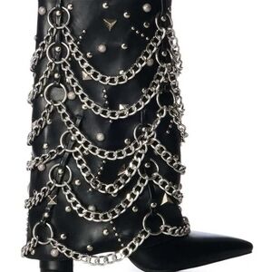 Black Chain Embellished Heeled Boots